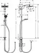 Hansgrohe Duschsystem mit Kopf- und Handbrause, montagemontiert. Sichtbare Wasseranschlüsse und unterschiedliche Höhen für die Installation. Technische Maßangaben sind abgebildet.